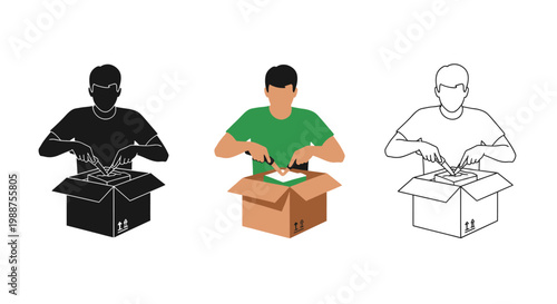 Flat vector illustration showing a man carefully opening a cardboard package using a sharp utility knife