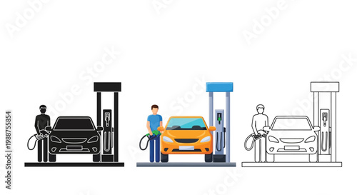 Man filling car at gas station pump, a vector graphic design presented in multiple illustrative styles.