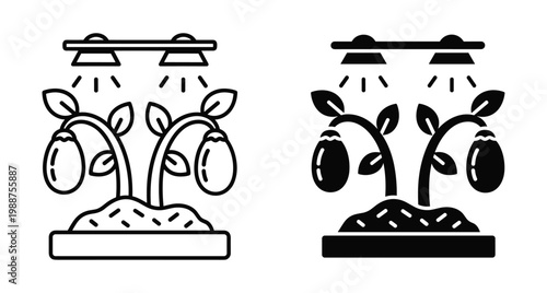 Indoor farming icon set showing eggplant vegetables growing under artificial led grow lights in soil for smart agriculture and gardening