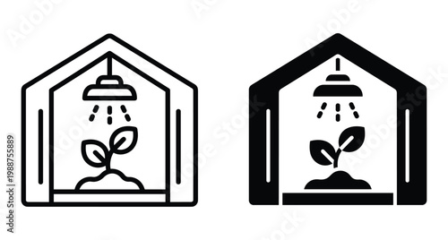 Greenhouse icon set showing a seedling growing under a lamp for indoor farming smart agriculture and modern gardening technology symbols