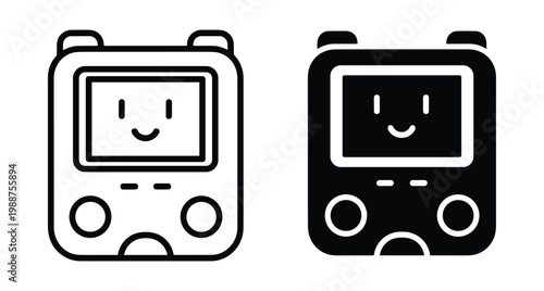 Handheld gaming console icon set featuring a cute robot face on screen with buttons in outline and solid black graphic styles