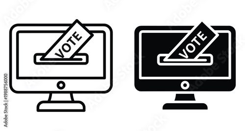 Online voting icon set showing computer monitor with ballot paper for digital elections internet polling electronic democracy and government choice