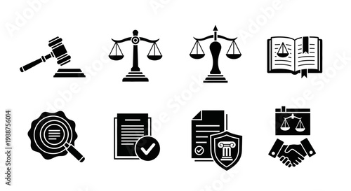 law, justice, legal icons, 8 black vector symbols, court, lawyer, judiciary, document