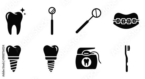Dental icons, black and white vector set, teeth and oral care symbols, 8 elements
