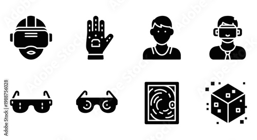 Virtual reality icons, VR headset symbols, futuristic tech signs, black vector graphics set