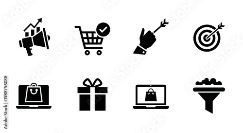 Ecommerce, marketing, and sales icons, black vector set, 8 elements, business symbols