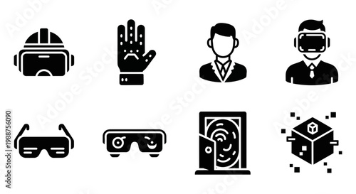 Virtual reality icons, VR headset, goggles, augmented reality symbols, 8 black and white graphics