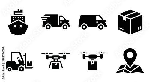 Logistics Icons, Delivery Symbols, Transportation Signs, 8 Black Vector Graphics