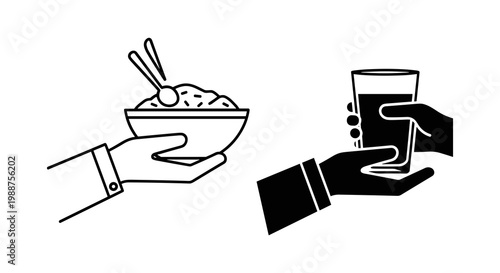 Food, drink icons, hand holding bowl, glass, black line art, minimalist style, vector graphics
