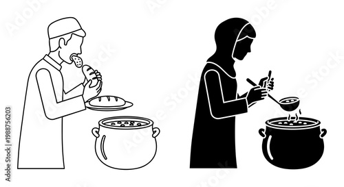 Cooking icons, chef and woman illustrations, kitchen vector graphics, food preparation