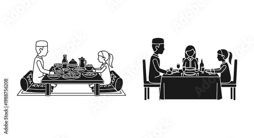 Dinner, restaurant, people, vector icons, black and white, food, meal, eating, illustration set