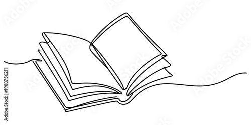 Minimalist continuous line drawing of an open book with fluttering pages on white background. Vector, illustration