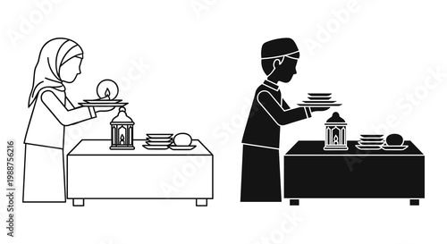Food service icons, restaurant workers, chef and waitress, black and white line art