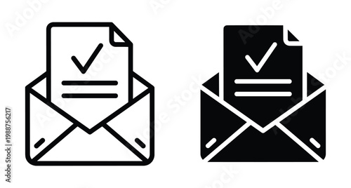 Open envelope icon set with document and checkmark symbol representing successful email delivery message confirmation verified mail notification and inbox communication