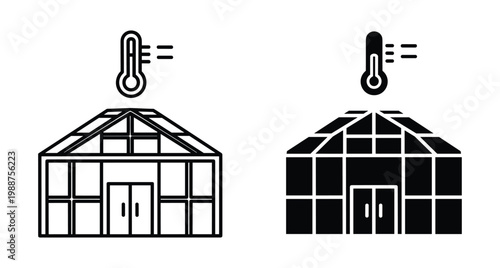 Greenhouse icon set with thermometer symbol for temperature control monitoring in smart farming gardening agriculture and botanical glasshouse environment