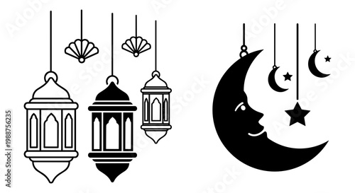 Ramadan, Islamic, hanging lanterns and moon crescent star, black icons set, vector graphics