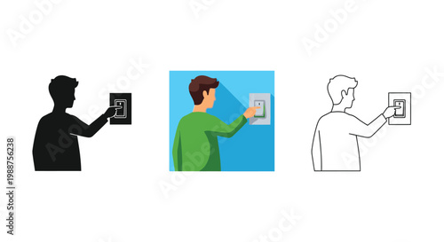 Man interacting with light switch set displayed as vector illustration in silhouette outline and flat style