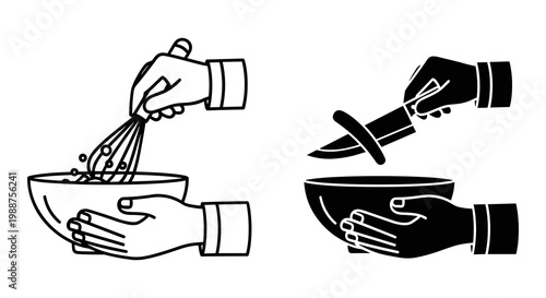 Black and white, line art, kitchen utensil icons, hand holding bowl and whisk, knife cutting food