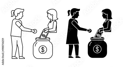 Donation, charity, and saving money concept icons, black and white, 4 people, vector illustrations