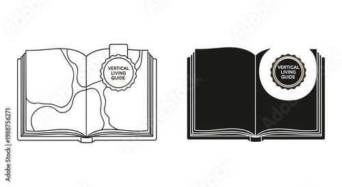 Vector book illustrations, open book designs, black and white line art, book layout templates