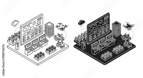 Isometric cityscapes, urban planning vectors, black and white illustrations, city infrastructure