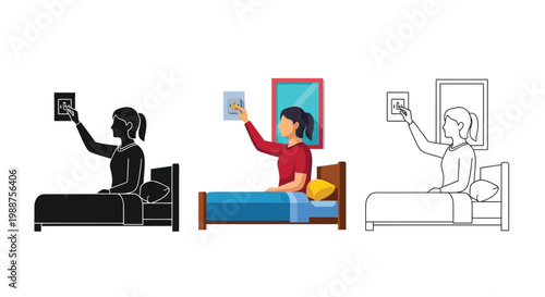 Vector illustration of a young woman sitting in bed turning off the bedroom light switch