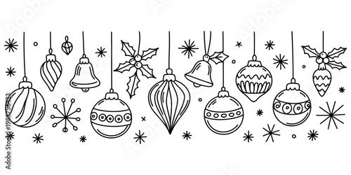 Hand drawn christmas ornaments border with hanging baubles bells stars and holly leaves. Vector, illustration