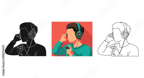Man wearing headphones shown in flat color silhouette and line art style vector graphic illustration