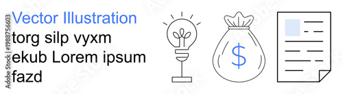 Finance, idea generation, business planning, saving money, innovation, documentation. Icons include a light bulb, a money bag with a dollar sign and a document. Finance and idea generation concept