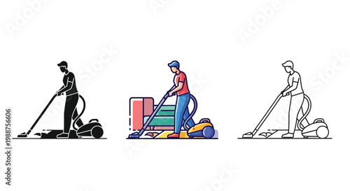 Professional man using a vacuum cleaner to tidy up the living room in this vector illustration