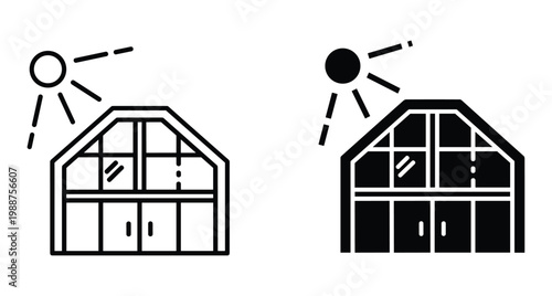 Greenhouse icon set showing glass house structure under sun rays in line and solid glyph style for gardening and agriculture