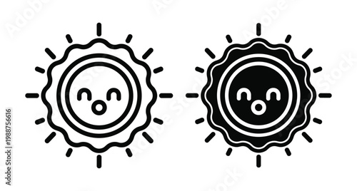 Cute sun character icons with happy faces in outline and solid black styles for weather forecast and summer design projects