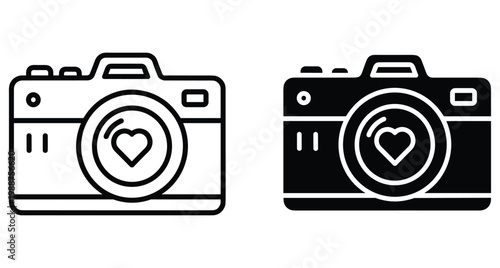 Camera icon set with heart symbol in lens representing love for photography hobby professional digital device outline and solid style