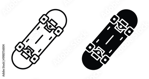 skateboard icon set featuring outline and solid black glyph styles for sports equipment design urban street culture and hobby projects