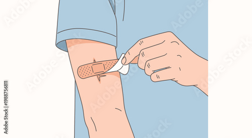 Applying bandage to arm after blood draw, medical procedure, healthcare concept