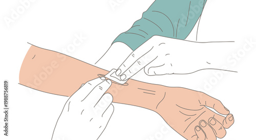 Applying bandage to arm after injection or blood draw, close-up medical procedure