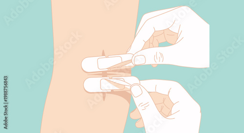 Applying Wound Dressing to Abdomen: Close-up of Hands and Skin