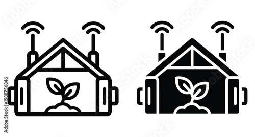 Smart greenhouse icon set showing automated plant growth system with wireless sensors and digital monitoring for modern agriculture and farming