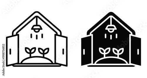 Greenhouse icon set showing indoor plant cultivation with grow light and open doors for gardening agriculture and sustainable greenhouse icons