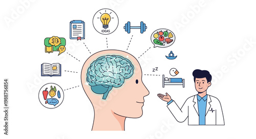 Brain health and well-being concept with doctor, healthy lifestyle icons and human head