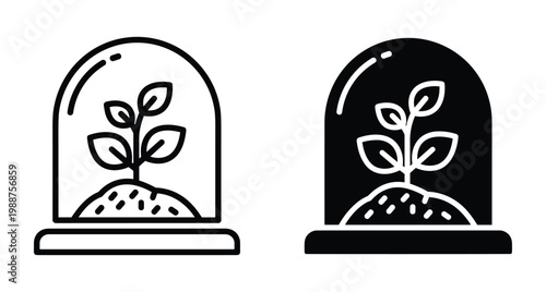 Small sprout growing in soil under glass cloche dome icon set featuring linear and glyph styles for environmental protection concepts