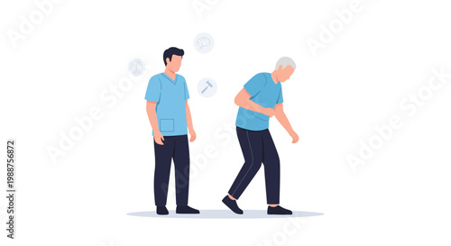 Caregiver assisting elderly man with mobility issues, showing support and care