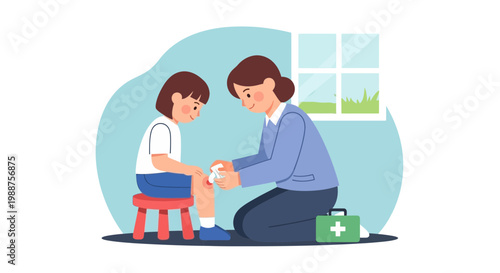 Caring mother bandages child's scraped knee with first aid kit, home care concept