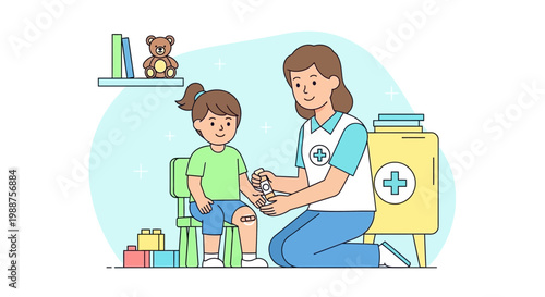 Caring nurse applies bandage to child's knee, first aid concept