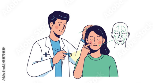 Cosmetic surgeon consulting patient for facial aesthetic surgery, planning procedure