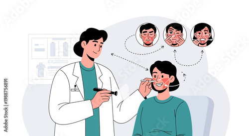 Dermatologist examines patient's face for skin condition, showing examples of facial redness