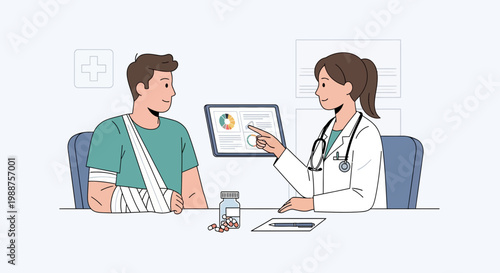 Doctor consulting injured patient with arm cast and medical chart on tablet