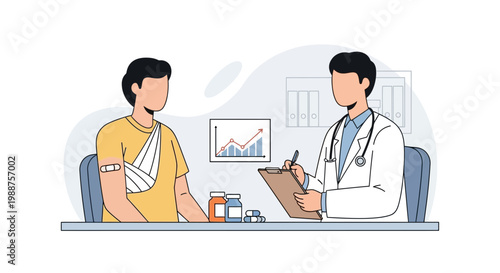 Doctor consulting injured patient with arm sling and chart showing recovery