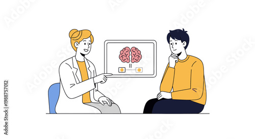 Doctor consulting patient about brain health, showing brain scan on screen