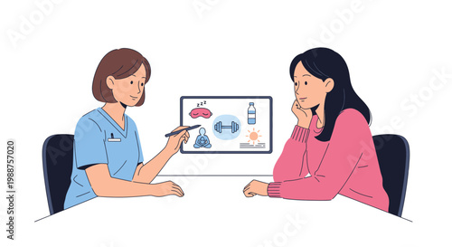 Doctor consulting patient about healthy lifestyle, diet, exercise, and sleep on tablet